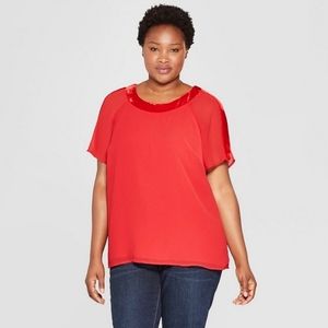 Ava & Viv Top 3X Red with Velvet Shoulder + Neck Trim Short Sleeves